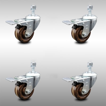 Service Caster 3 Inch SS High Temp Phenolic 1/2 Inch Threaded Stem Caster Set Total Lock Brake SCC-SSTSTTL20S314-PHSHT-121315-4
